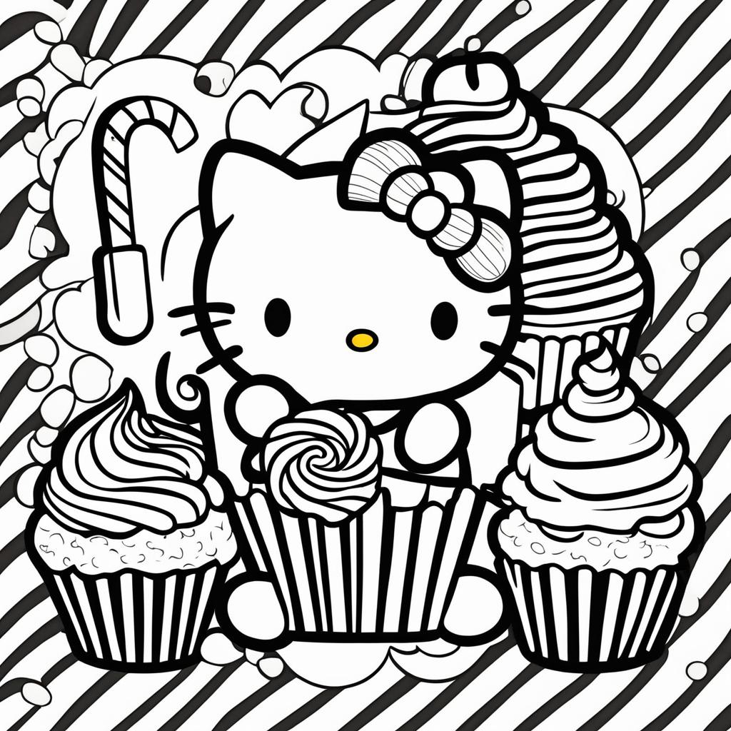 Black and white Hello Kitty themed colouring book page featuring Hello Kitty, a lollipop, a candy cane, and a cupcake.