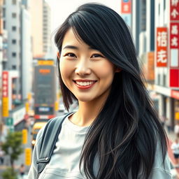 A realistic portrait of a 40-year-old Japanese woman with long, glossy black hair styled elegantly