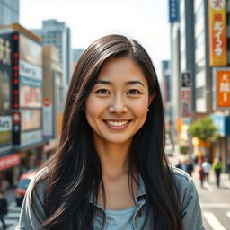 A realistic portrait of a 40-year-old Japanese woman with long, glossy black hair styled elegantly