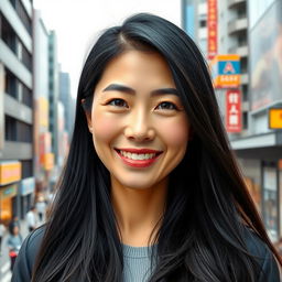 A realistic portrait of a 40-year-old Japanese woman with long, glossy black hair styled elegantly