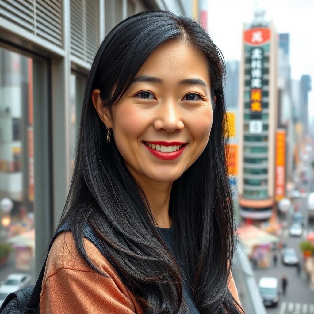 A realistic portrait of a 40-year-old Japanese woman with long, glossy black hair styled elegantly