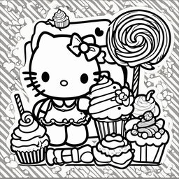 Black and white Hello Kitty themed colouring book page featuring Hello Kitty, a lollipop, a candy cane, and a cupcake.