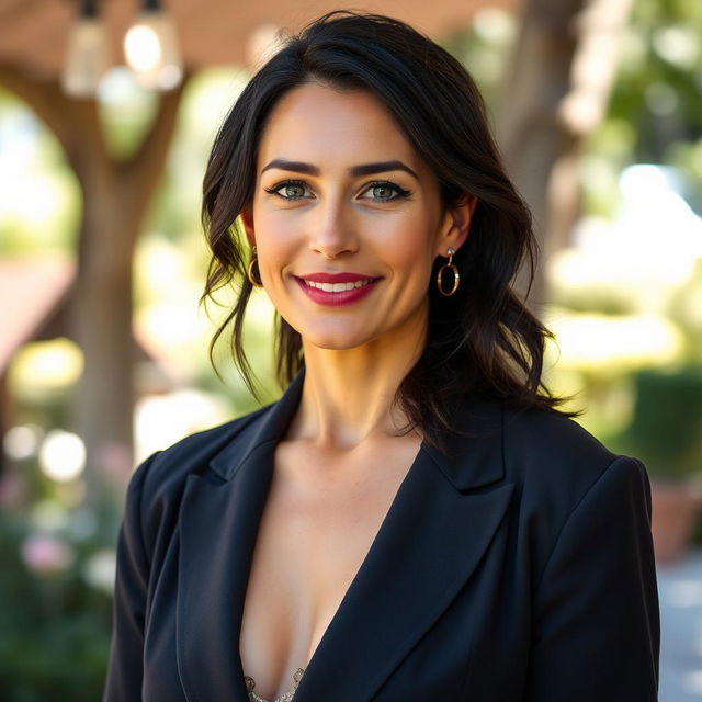 A confident 35-year-old New Zealand woman with dark hair, elegantly dressed in stylish clothing that showcases her bare legs