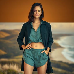 A 35-year-old woman from New Zealand with dark hair, dressed in fashionable clothing that highlights her style