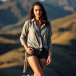 A 35-year-old woman from New Zealand with dark hair, dressed in fashionable clothing that highlights her style