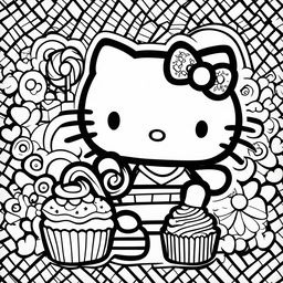 Black and white Hello Kitty themed colouring book page featuring Hello Kitty, a lollipop, a candy cane, and a cupcake.