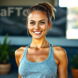 A 40-year-old woman with tanned skin and an athletic build