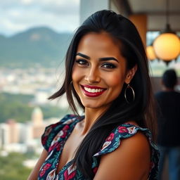 A 34-year-old woman with striking black hair and a captivating Latina appearance, embodying the essence of Latin American beauty and culture