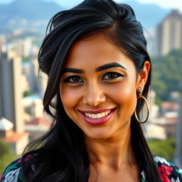 A 34-year-old woman with striking black hair and a captivating Latina appearance, embodying the essence of Latin American beauty and culture