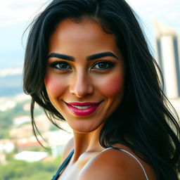 A 34-year-old woman with striking black hair and a captivating Latina appearance, embodying the essence of Latin American beauty and culture