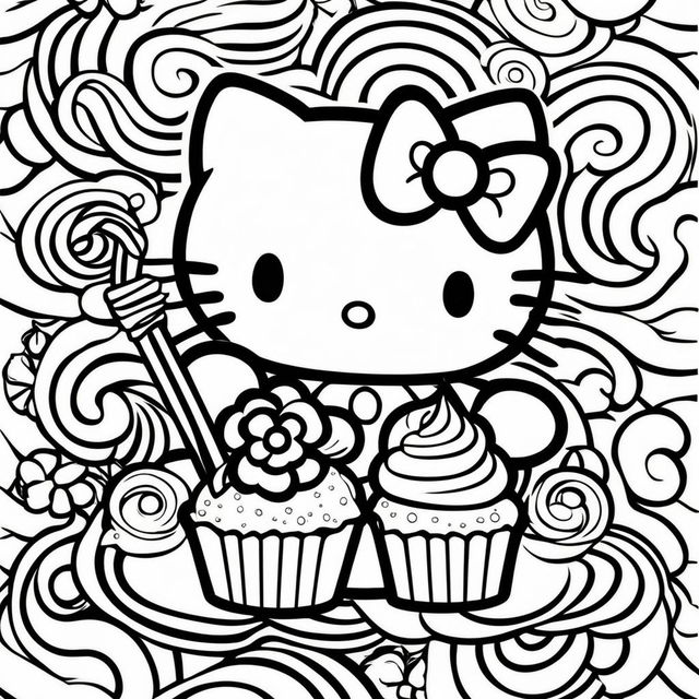 Black and white Hello Kitty themed colouring book page featuring Hello Kitty, a lollipop, a candy cane, and a cupcake.