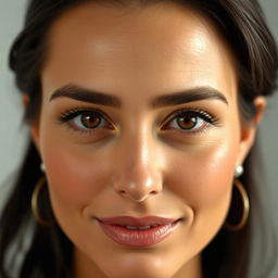A beautiful woman aged 30-35 years with dark hair and brown eyes