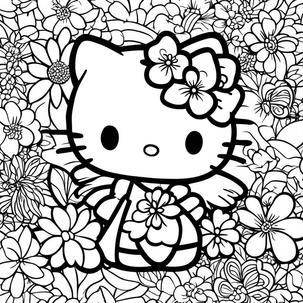 Black and white Hello Kitty themed colouring book page featuring Hello Kitty, a bird, a butterfly, and a flower.