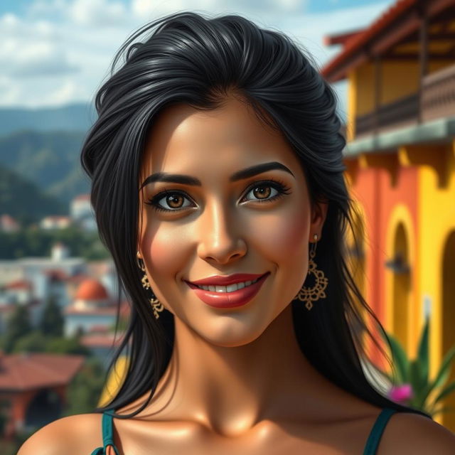 A realistic depiction of a 34-year-old woman with striking black hair and a captivating Latina appearance, embodying the essence of Latin American beauty