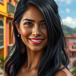 A realistic depiction of a 34-year-old woman with striking black hair and a captivating Latina appearance, embodying the essence of Latin American beauty