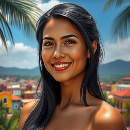 A realistic depiction of a 34-year-old woman with striking black hair and a captivating Latina appearance, embodying the essence of Latin American beauty