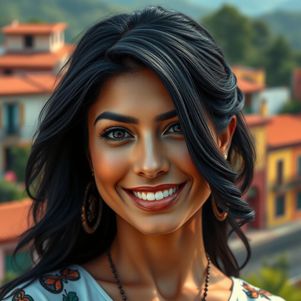 A realistic depiction of a 34-year-old woman with striking black hair and a captivating Latina appearance, embodying the essence of Latin American beauty