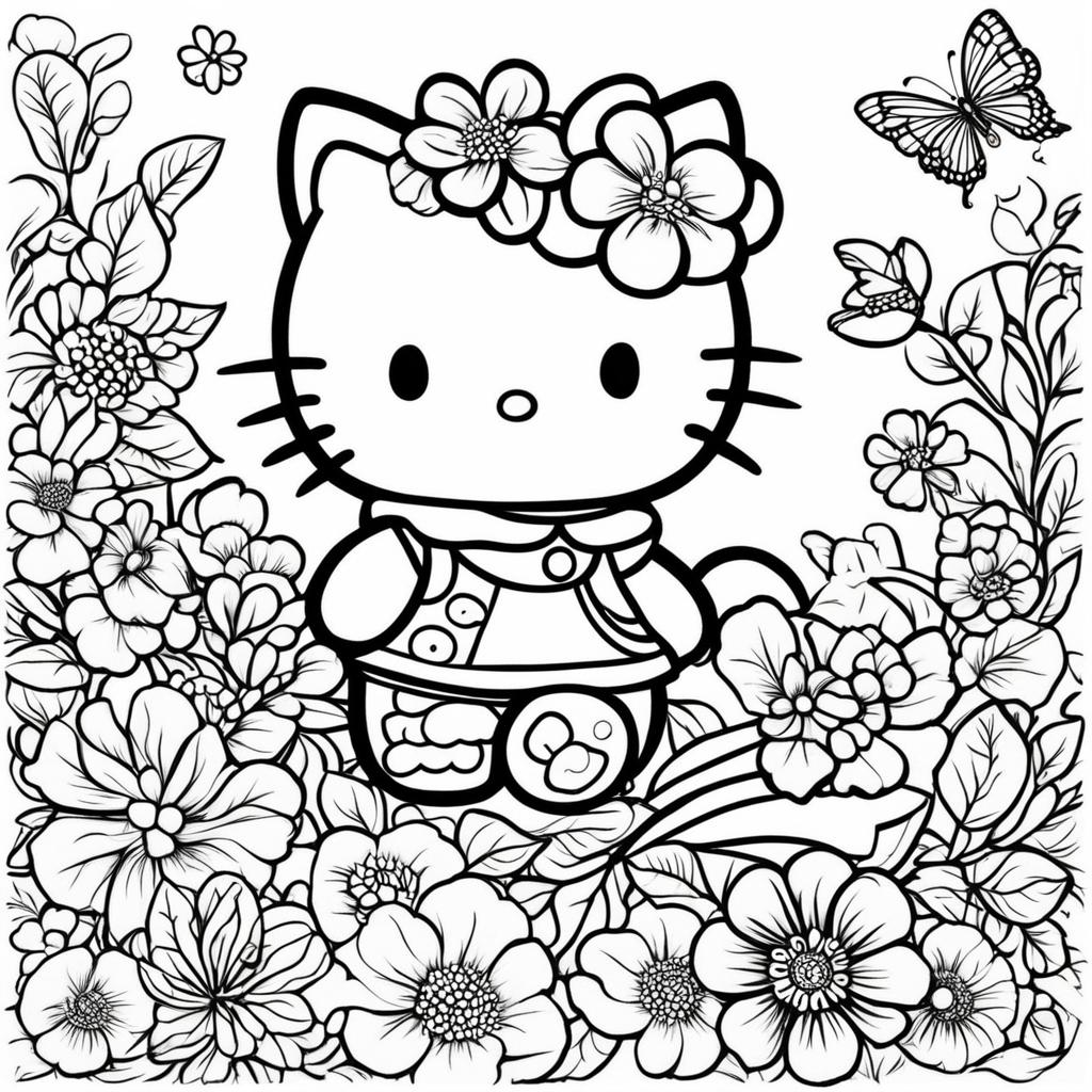 Black and white Hello Kitty themed colouring book page featuring Hello Kitty, a bird, a butterfly, and a flower.