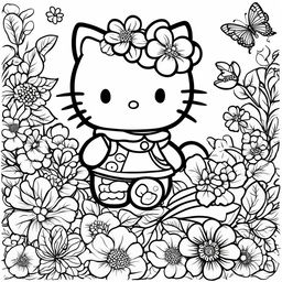 Black and white Hello Kitty themed colouring book page featuring Hello Kitty, a bird, a butterfly, and a flower.