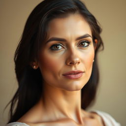A woman aged 30-35 years with dark hair and brown eyes, possessing a Mediterranean or olive skin tone