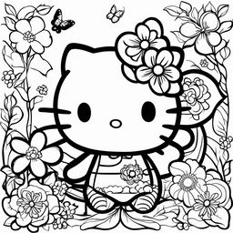 Black and white Hello Kitty themed colouring book page featuring Hello Kitty, a bird, a butterfly, and a flower.