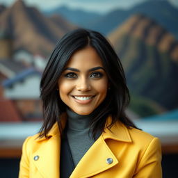 A 34-year-old woman with stunning black hair and a beautiful South American appearance, dressed stylishly in modern clothing that reflects contemporary fashion