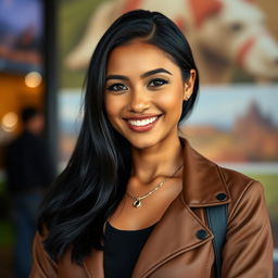 A 34-year-old woman with stunning black hair and a beautiful South American appearance, dressed stylishly in modern clothing that reflects contemporary fashion
