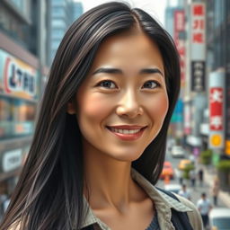 A realistic portrait of a 40-year-old Japanese woman with long, glossy black hair