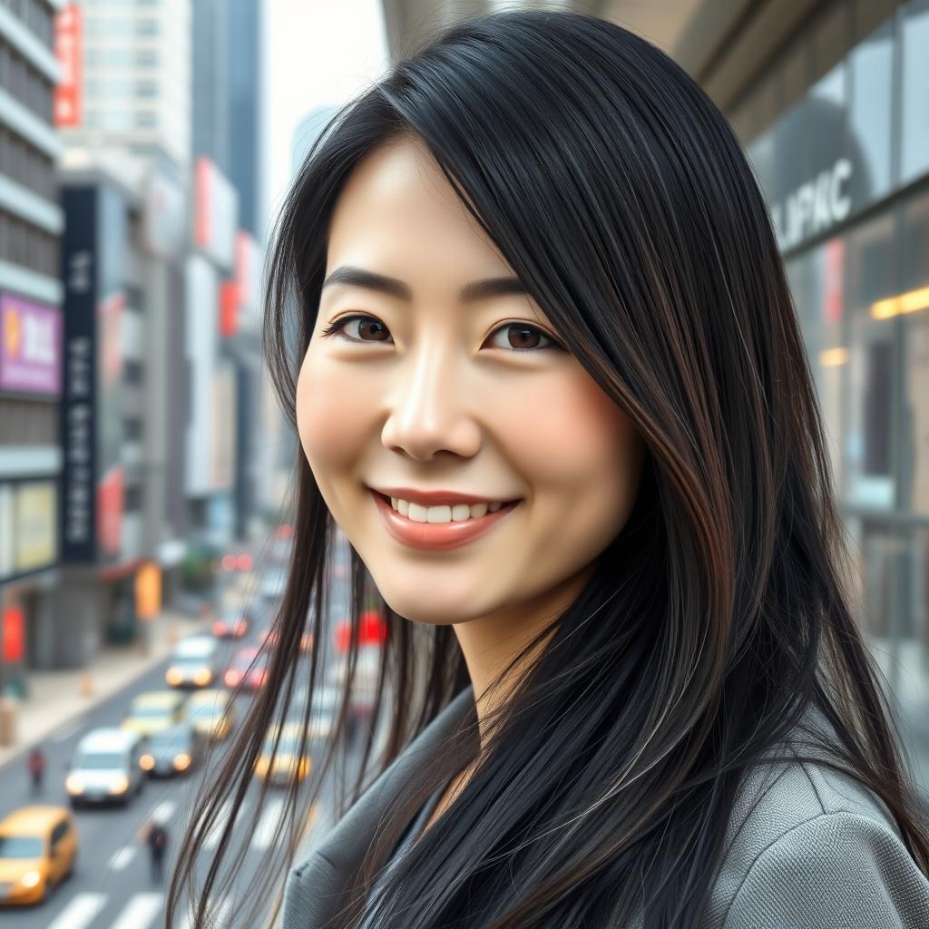 A realistic portrait of a 40-year-old Japanese woman with long, glossy black hair