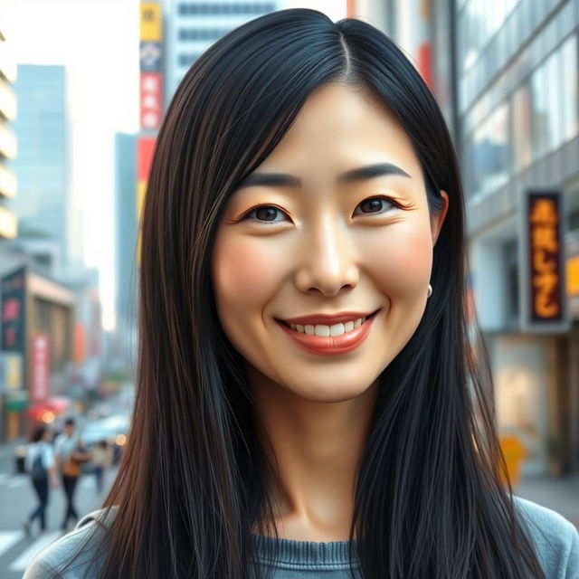 A realistic portrait of a 40-year-old Japanese woman with long, glossy black hair