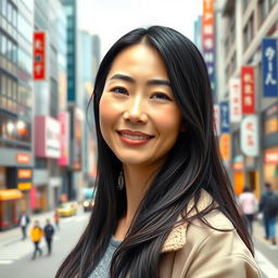 A realistic portrait of a 40-year-old Japanese woman with long, glossy black hair