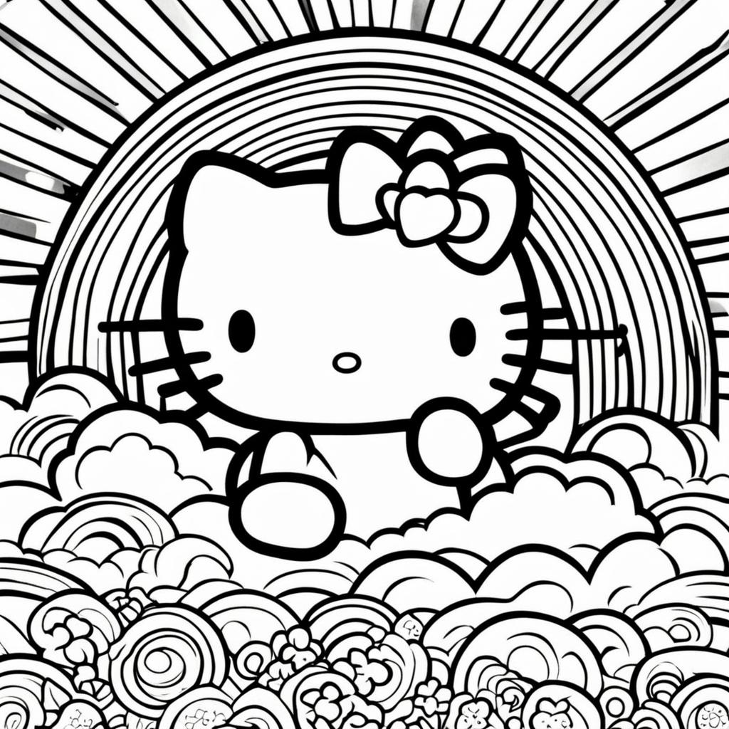 Black and white Hello Kitty themed colouring book page featuring Hello Kitty, a rainbow, a cloud, and a sun.