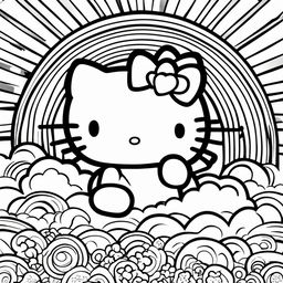 Black and white Hello Kitty themed colouring book page featuring Hello Kitty, a rainbow, a cloud, and a sun.