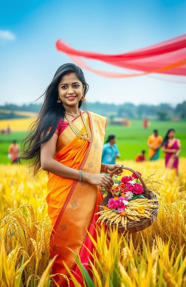 A traditional West Bengali Nabanna celebration scene, featuring a beautiful woman dressed in a vibrant red and yellow saree, with intricate gold jewelry, standing in a field of golden rice sheaves