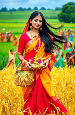 A traditional West Bengali Nabanna celebration scene, featuring a beautiful woman dressed in a vibrant red and yellow saree, with intricate gold jewelry, standing in a field of golden rice sheaves