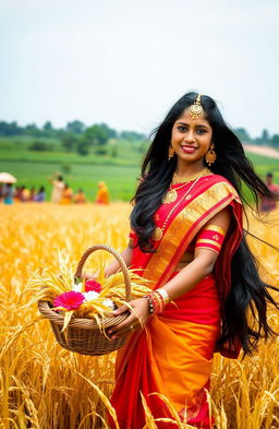 A traditional West Bengali Nabanna celebration scene, featuring a beautiful woman dressed in a vibrant red and yellow saree, with intricate gold jewelry, standing in a field of golden rice sheaves