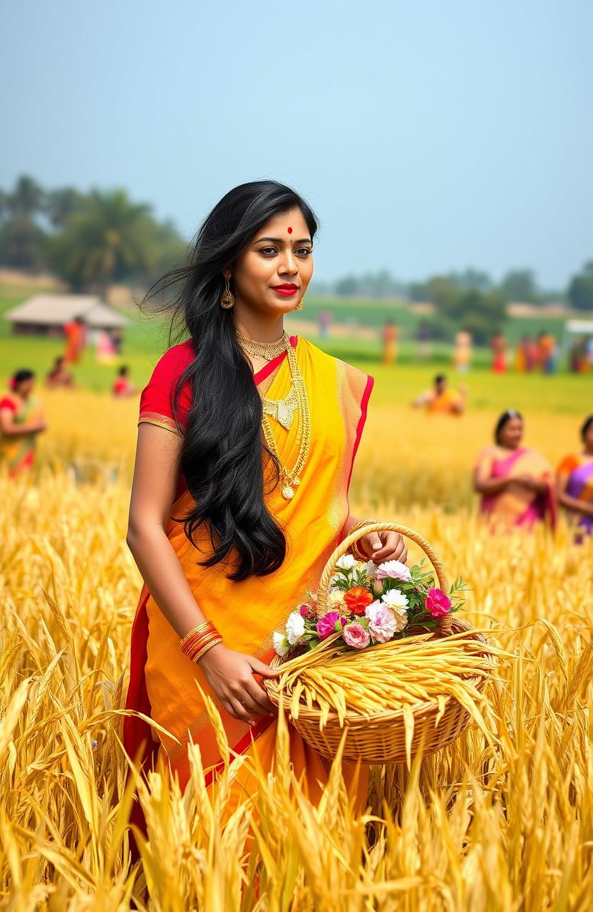 A traditional West Bengali Nabanna celebration scene, featuring a beautiful woman dressed in a vibrant red and yellow saree, with intricate gold jewelry, standing in a field of golden rice sheaves