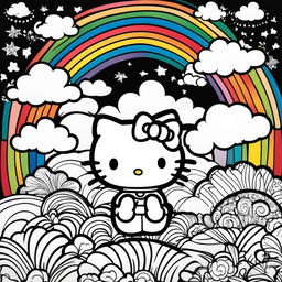 Black and white Hello Kitty themed colouring book page featuring Hello Kitty, a rainbow, a cloud, and a sun.