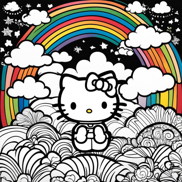 Black and white Hello Kitty themed colouring book page featuring Hello Kitty, a rainbow, a cloud, and a sun.