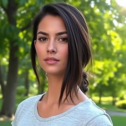 A beautiful woman aged 30-35 with dark hair and brown eyes, showcasing a Mediterranean or olive skin tone