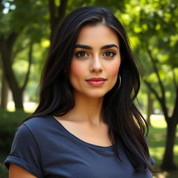 A beautiful woman aged 30-35 with dark hair and brown eyes, showcasing a Mediterranean or olive skin tone