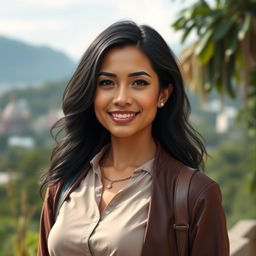 A realistic portrayal of a 34-year-old woman with elegant black hair and a distinct South American appearance, dressed in fashionable clothing