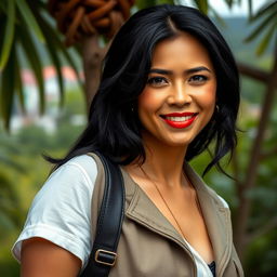 A realistic portrayal of a 34-year-old woman with elegant black hair and a distinct South American appearance, dressed in fashionable clothing
