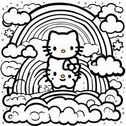 Black and white Hello Kitty themed colouring book page featuring Hello Kitty, a rainbow, a cloud, and a sun.