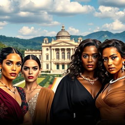A captivating movie poster featuring a grand museum in the background, set against a beautiful natural landscape