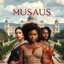 A captivating movie poster featuring a grand museum in the background, set against a beautiful natural landscape