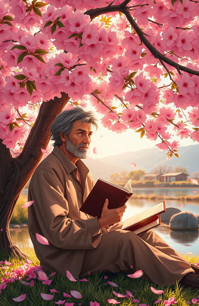 A beautiful and serene outdoor scene depicting a poet sitting under a lush, blooming cherry blossom tree, surrounded by floating petals