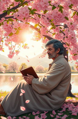A beautiful and serene outdoor scene depicting a poet sitting under a lush, blooming cherry blossom tree, surrounded by floating petals