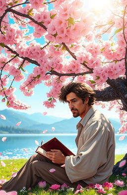 A beautiful and serene outdoor scene depicting a poet sitting under a lush, blooming cherry blossom tree, surrounded by floating petals