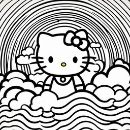 Black and white Hello Kitty themed colouring book page featuring Hello Kitty, a rainbow, a cloud, and a sun.